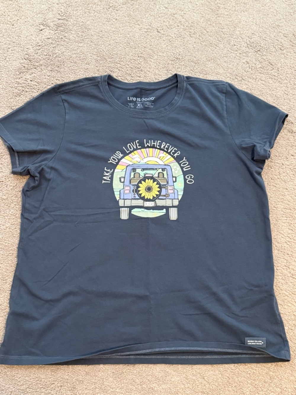 Life Is Good Navy Graphic Tee with Sunflower Jeep Design